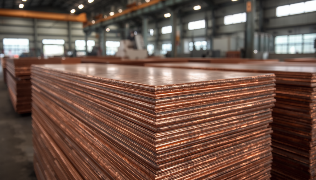 copper cathode sheets stacked, pure copper metal plates with reddish brown metallic surface, industrial product photography