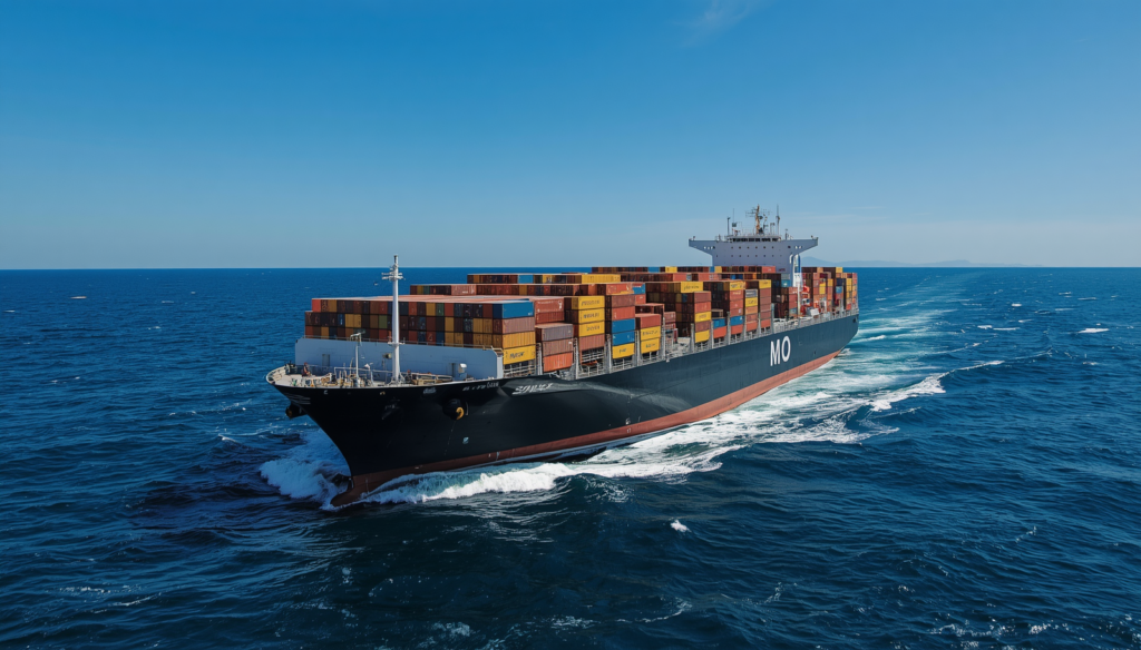 large cargo ship loaded with shipping containers sailing on open ocean, blue sea water, professional maritime photography